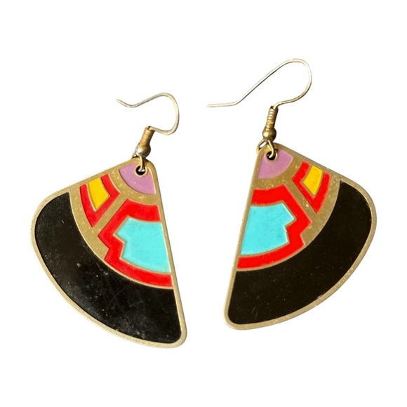 ✨🖤 Vintage Retro Southwest Enamel Fan Earrings – Festival Boho Statement ✨🖤 - Picture 1 of 4